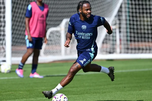 RAHEEM STERLING demonstrated to Chelsea what they’ll be missing this season with an impressive display of skill during Arsenal’s training session.
